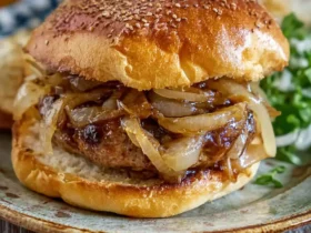 A juicy Caramelized Onion Burger with a sesame seed bun, topped with sweet caramelized onions on a rustic plate.