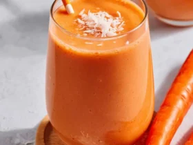 A creamy orange carrot smoothie in a glass topped with coconut flakes and served with a striped straw.
