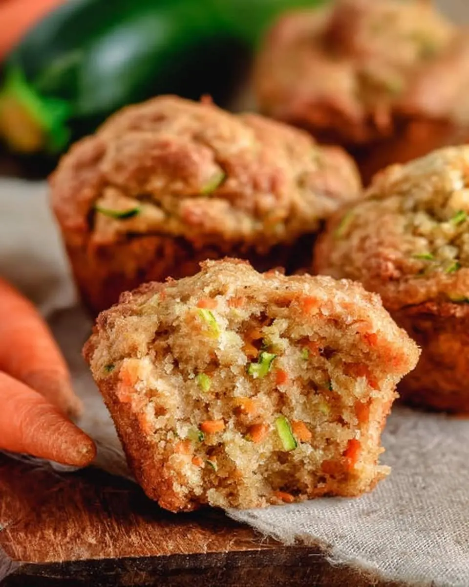 Freshly baked Carrot Zucchini Muffins with one broken open to reveal colorful vegetable pieces inside.