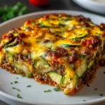 A slice of Cheesy Zucchini Pizza Casserole on a white plate, topped with melted cheese, zucchini slices, and herbs.