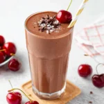 A tall glass of cherry chocolate smoothie topped with chocolate shavings, sea salt, and a fresh cherry.