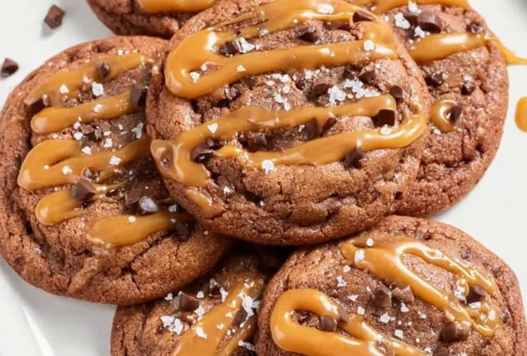 Stack of chewy Salted Caramel Cookies drizzled with caramel and sprinkled with sea salt on a white plate.