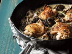 Golden seared chicken thighs simmering in a creamy sauce with morel mushrooms in a cast iron skillet.
