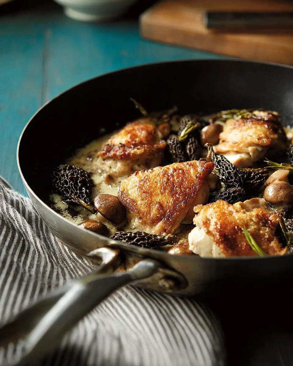 Chicken And Morel Mushroom 26 seared chicken thighs with morel mushrooms in a cast iron skillet