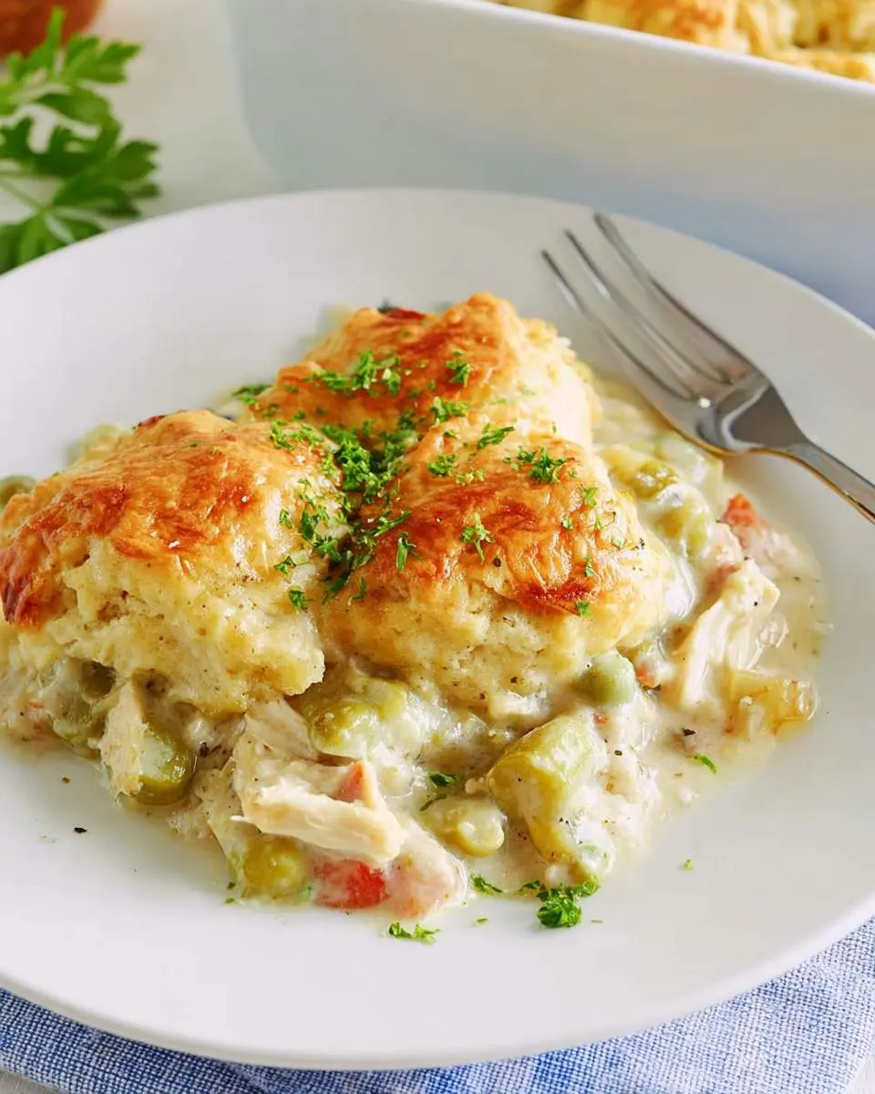 A serving of Chicken Dumpling Casserole with golden biscuit topping, creamy filling, and fresh herbs on a white plate.