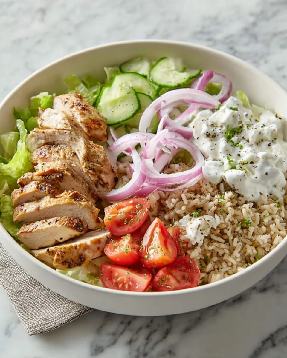 Chicken Gyro Bowls 28 Chicken Gyro Bowls with grilled chicken, rice, cucumbers, tomatoes, red onion, and tzatziki in a white bowl.