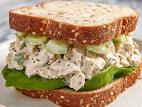 A stacked chicken salad sandwich with creamy filling, cucumber slices, and lettuce on seeded bread.