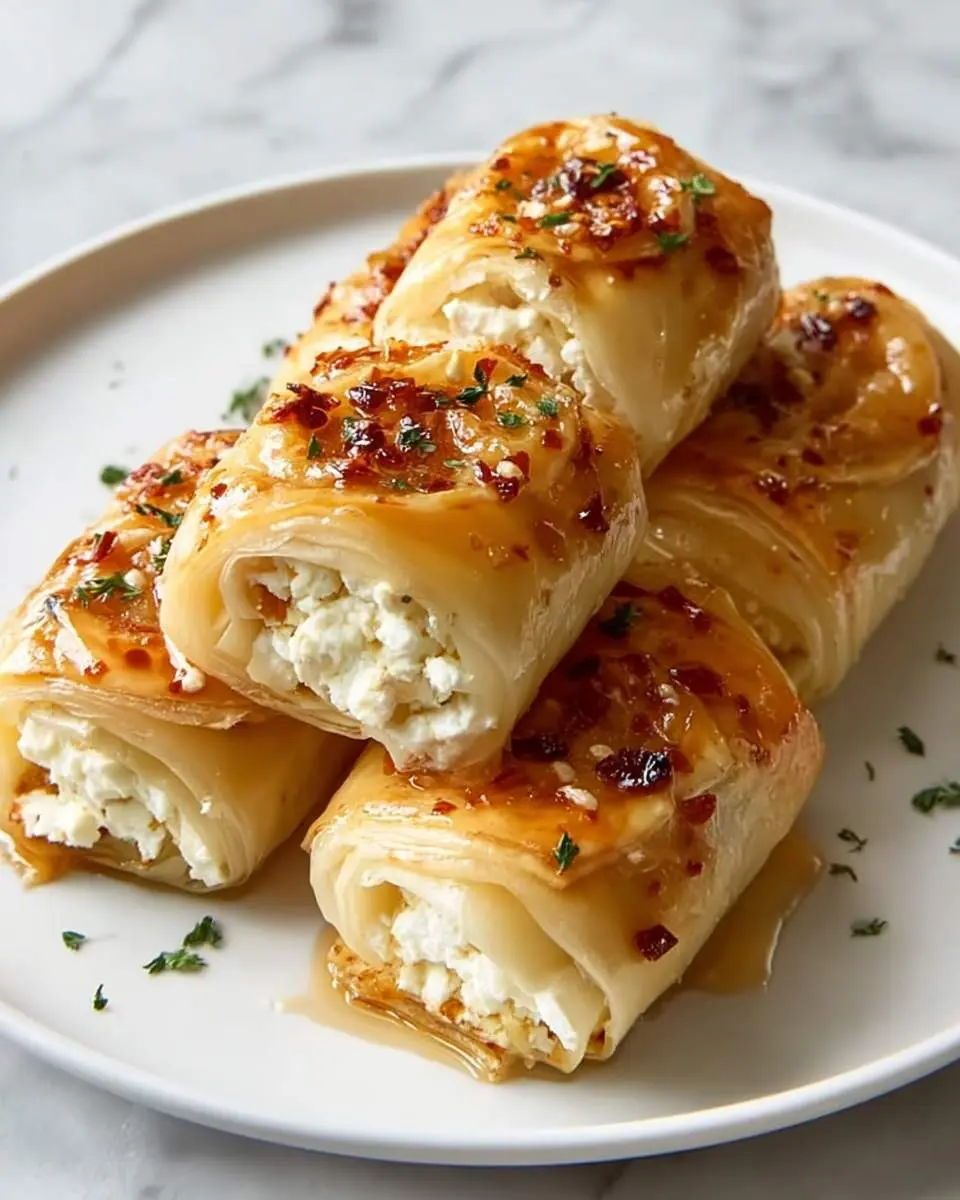 Golden baked Chili Honey Feta Rolls stacked on a white plate, drizzled with spicy honey glaze and garnished with herbs.