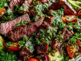 Chimichurri Steak Salad Bowl 44 Chimichurri Steak Salad Bowl with sliced grilled beef, fresh vegetables, and herb dressing in a ceramic bowl.