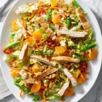 A colorful chinese chicken salad with mandarin oranges, snap peas, chicken strips, and crispy wontons in a white bowl.