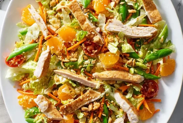 A colorful chinese chicken salad with mandarin oranges, snap peas, chicken strips, and crispy wontons in a white bowl.