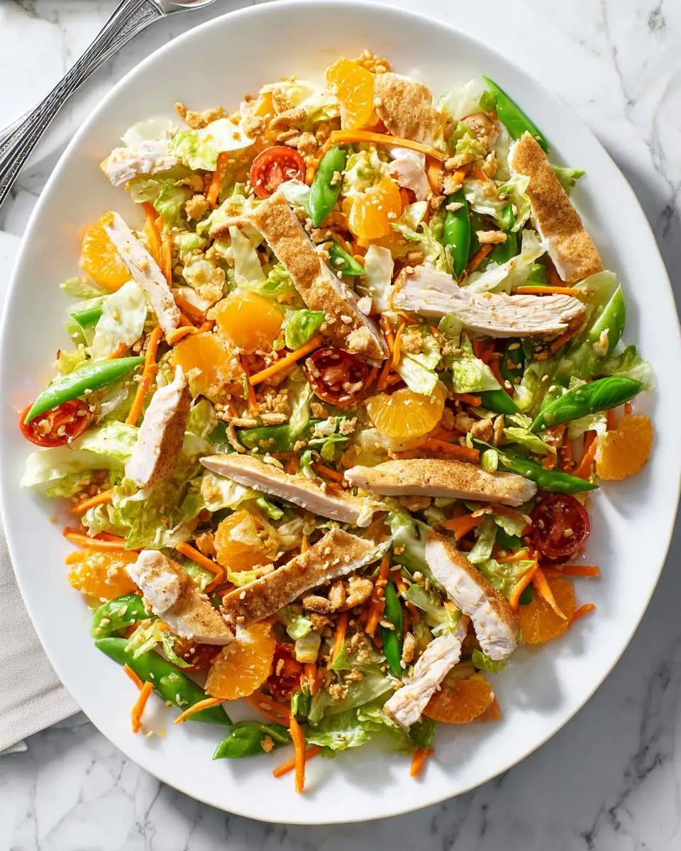 A colorful chinese chicken salad with mandarin oranges, snap peas, chicken strips, and crispy wontons in a white bowl.