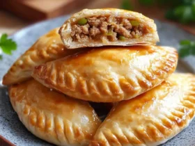 Golden brown Chinese Meat Pies stacked on a plate with one cut open showing savory meat filling.