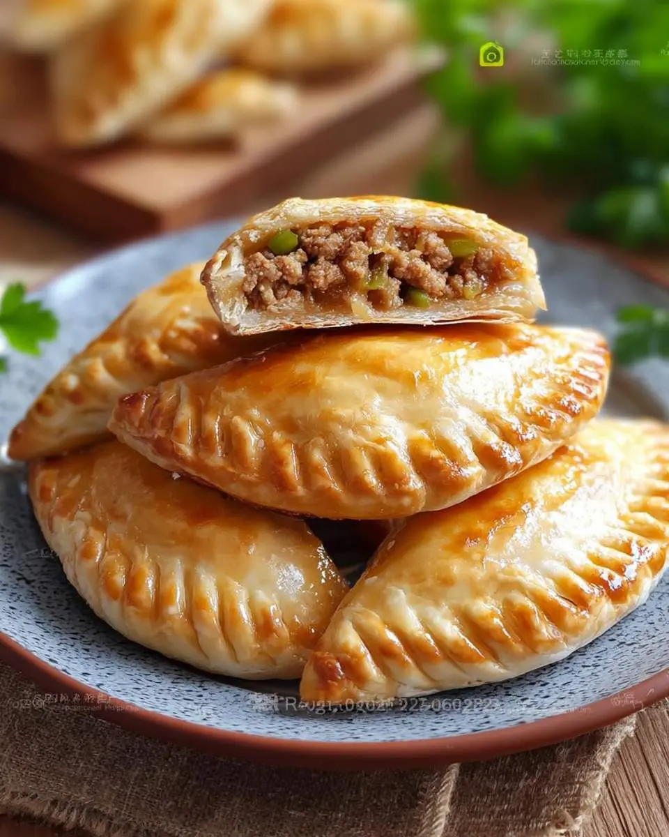 Golden brown Chinese Meat Pies stacked on a plate with one cut open showing savory meat filling.