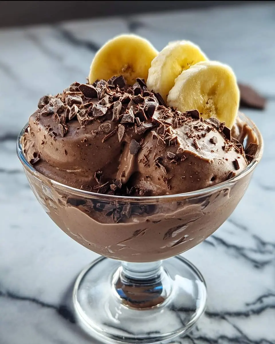 Chocolate Banana Greek Frozen Yogurt topped with chocolate shavings and fresh banana slices in a glass bowl.