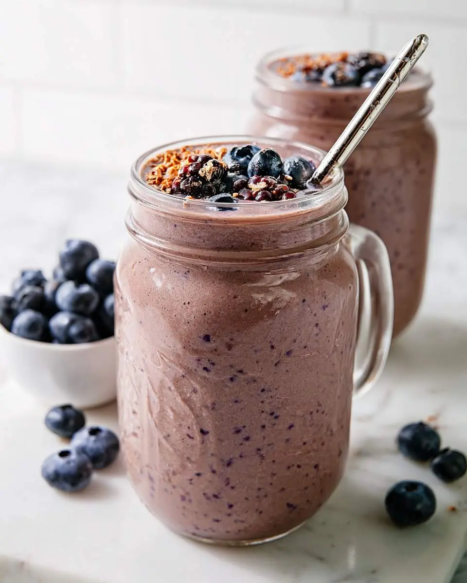 Two mason jars filled with chocolate berry smoothie topped with fresh blueberries and granola, with a metal straw.