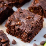 Close-up of fudgy Chocolate Zucchini Brownies with melted chocolate chips on parchment paper.