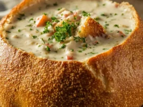 Clam Chowder Recipe 44 Creamy clam chowder served in a golden sourdough bread bowl, garnished with fresh parsley and croutons.