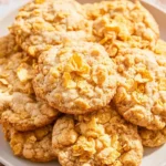 A plate stacked with golden Cornflake Cookies topped with crispy cornflakes.
