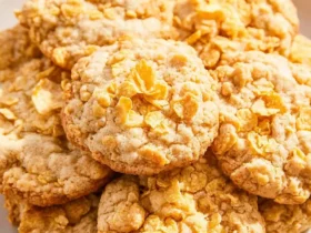 A plate stacked with golden Cornflake Cookies topped with crispy cornflakes.