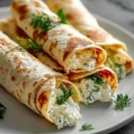 Golden-brown Cottage Cheese Wraps filled with creamy herb cottage cheese, arranged on a white plate with fresh dill garnish.