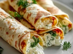Golden-brown Cottage Cheese Wraps filled with creamy herb cottage cheese, arranged on a white plate with fresh dill garnish.