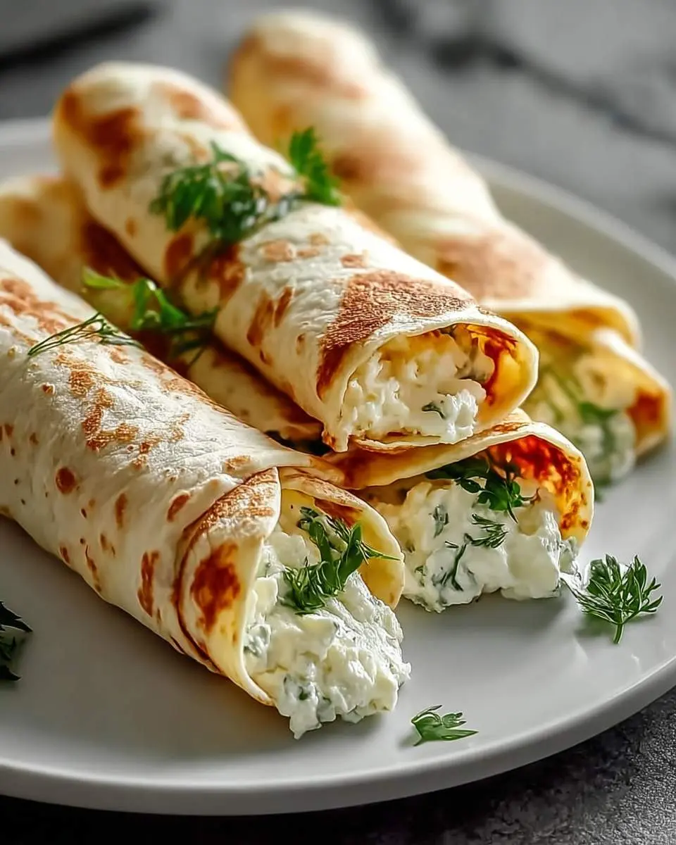 Cottage Cheese Wraps 28 Golden-brown Cottage Cheese Wraps filled with creamy herb cottage cheese, arranged on a white plate with fresh dill garnish.