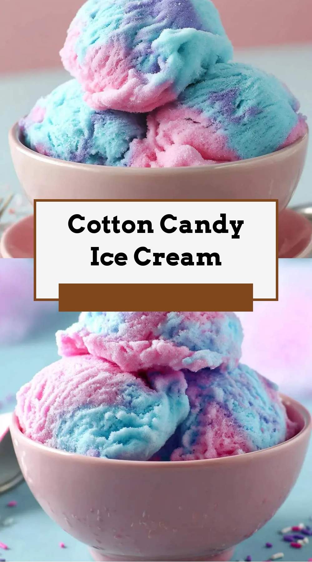 scoops of pink and blue cotton candy ice cream in a waffle cone