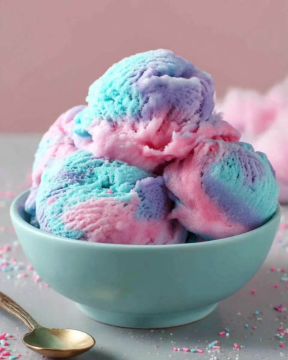 cotton candy ice cream ingredients arranged on a marble counter with pink and blue coloring