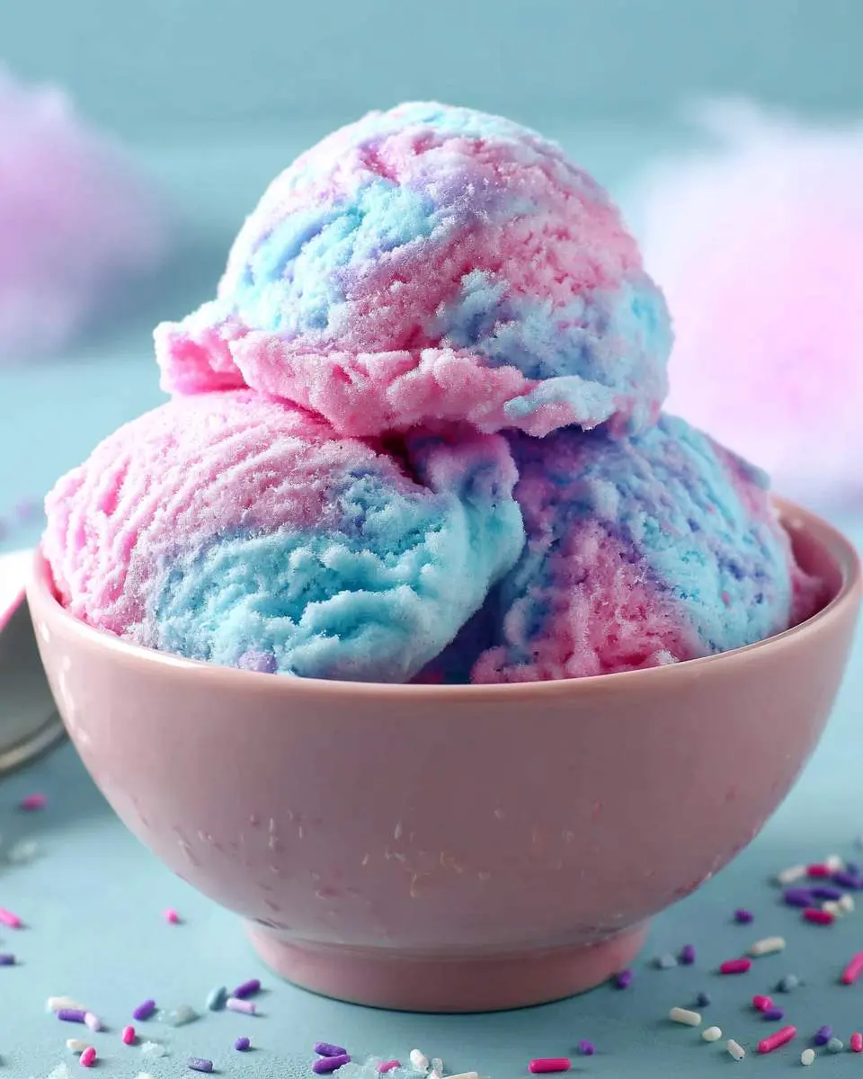 Two scoops of colorful Cotton Candy Ice Cream swirled with pink and blue hues served in a pink bowl.