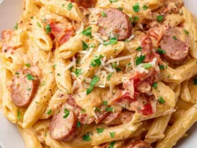 Creamy Kielbasa Smoked Sausage Pasta 47 Creamy Kielbasa Smoked Sausage Pasta with penne, sliced sausage, tomatoes, and parmesan in a white bowl.
