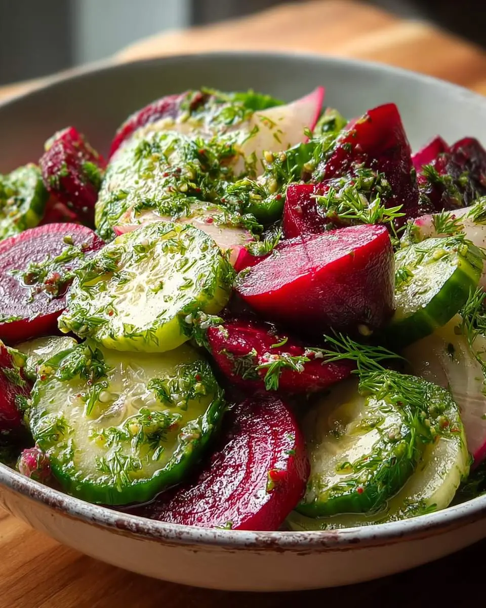 A bowl of Crisp Cucumber & Beetroot Salad with Herb Dressing, featuring sliced cucumbers, roasted beets, and fresh dill.