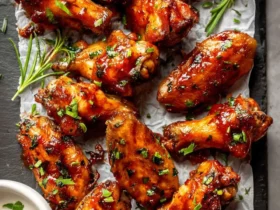 Crockpot Chicken Wings 44 Glazed Crockpot Chicken Wings arranged on parchment paper, garnished with fresh herbs and served with creamy dipping sauce.
