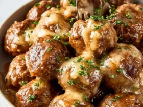 Crockpot French Onion Meatballs 47 A bowl of Crockpot French Onion Meatballs covered in melted cheese and rich onion gravy, garnished with fresh herbs.