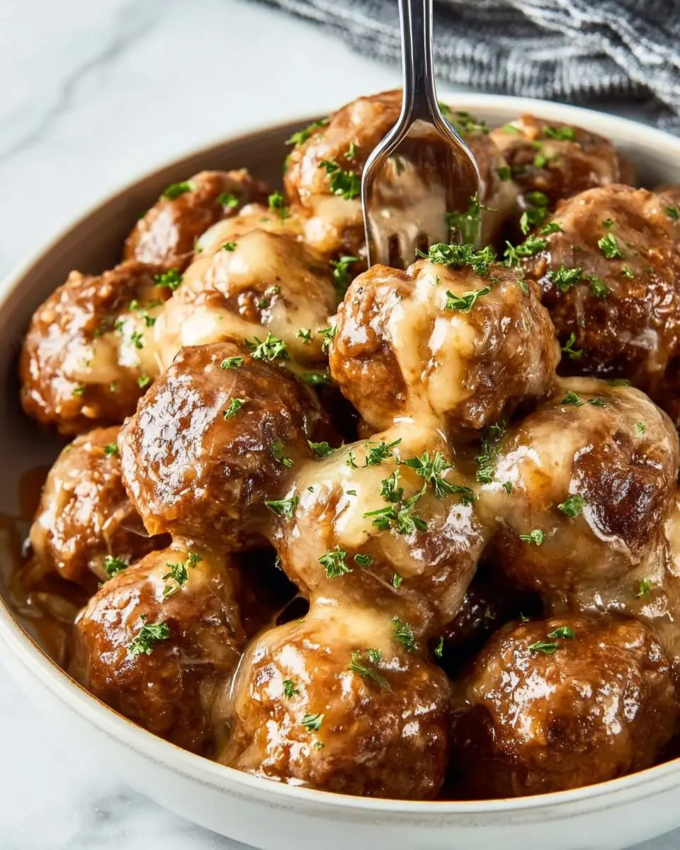 A bowl of Crockpot French Onion Meatballs covered in melted cheese and rich onion gravy, garnished with fresh herbs.