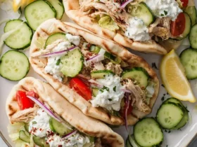 Crockpot Greek Chicken Gyros 45 Crockpot Greek Chicken Gyros served on a platter with tzatziki, cucumbers, tomatoes, and lemon wedges.