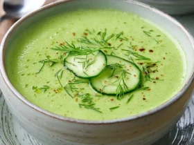 Cucumber Avocado Soup 44 A bowl of creamy Cucumber Avocado Soup garnished with fresh dill, cucumber slices, and red pepper flakes.