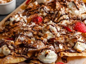 Dessert Nachos topped with whipped cream, chocolate drizzle, strawberries, and crushed nuts on a wooden board.