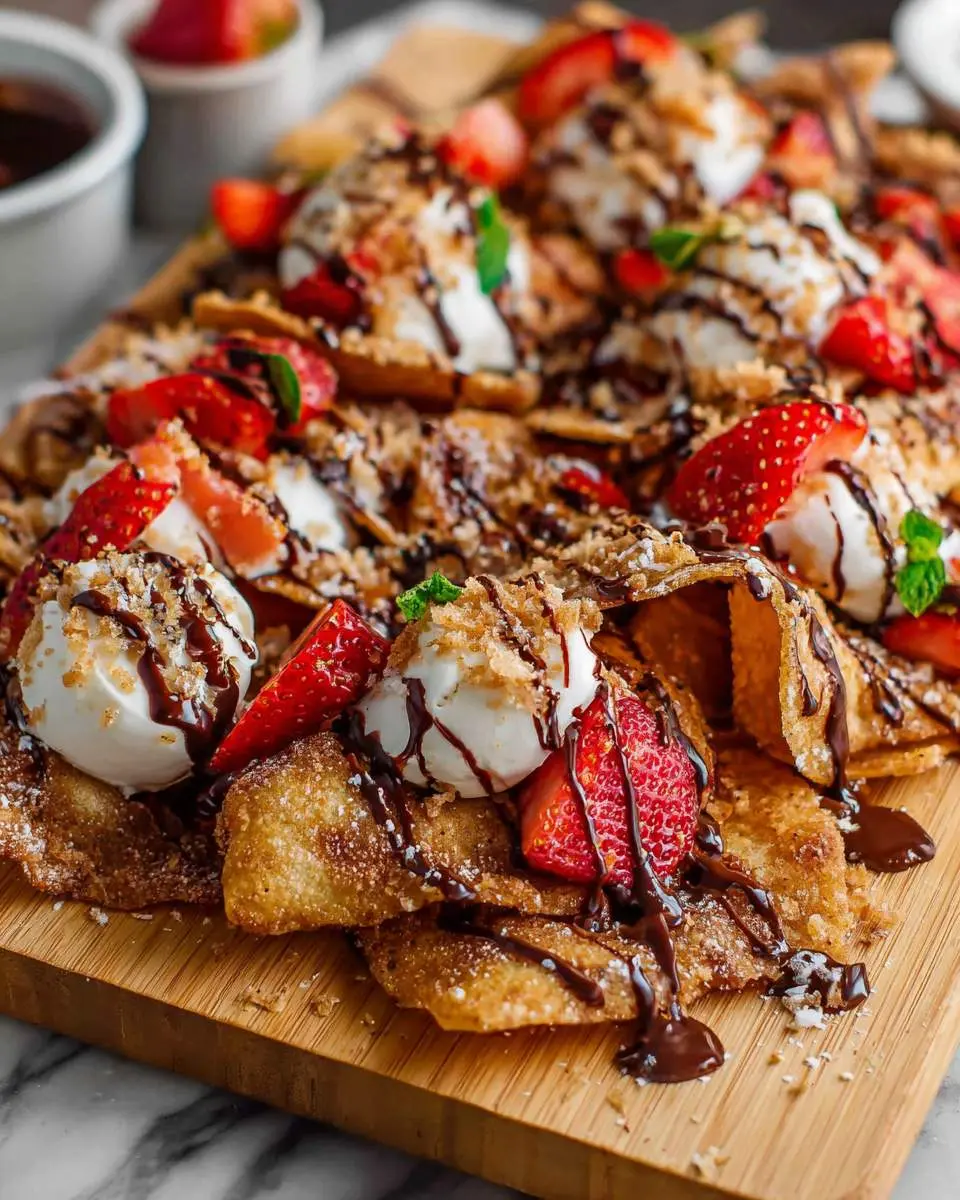 Dessert nachos ingredients and preparation with cinnamon sugar tortillas and chocolate chips