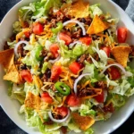 A colorful Doritos Taco Salad in a white bowl with lettuce, ground beef, tomatoes, cheese, and tortilla chips.