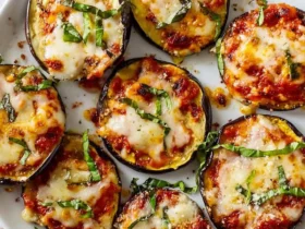 Eggplant Pizza Bites 38 Eight baked Eggplant Pizza Bites topped with tomato sauce, melted cheese, and fresh basil on a white plate.