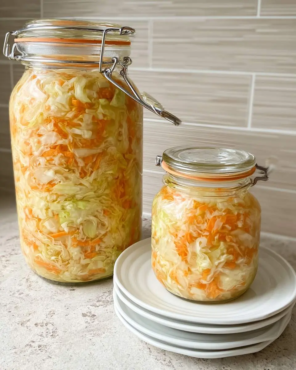 Two glass jars filled with homemade fermented cabbage and carrots on a kitchen countertop.
