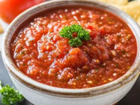 A rustic bowl filled with vibrant Fire Roasted Salsa, garnished with fresh parsley and served with tortilla chips.
