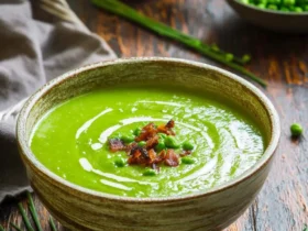 Fresh Pea Soup 50 A rustic bowl of Fresh Pea Soup garnished with cream swirl, crispy bacon bits, and green peas on a wooden table.