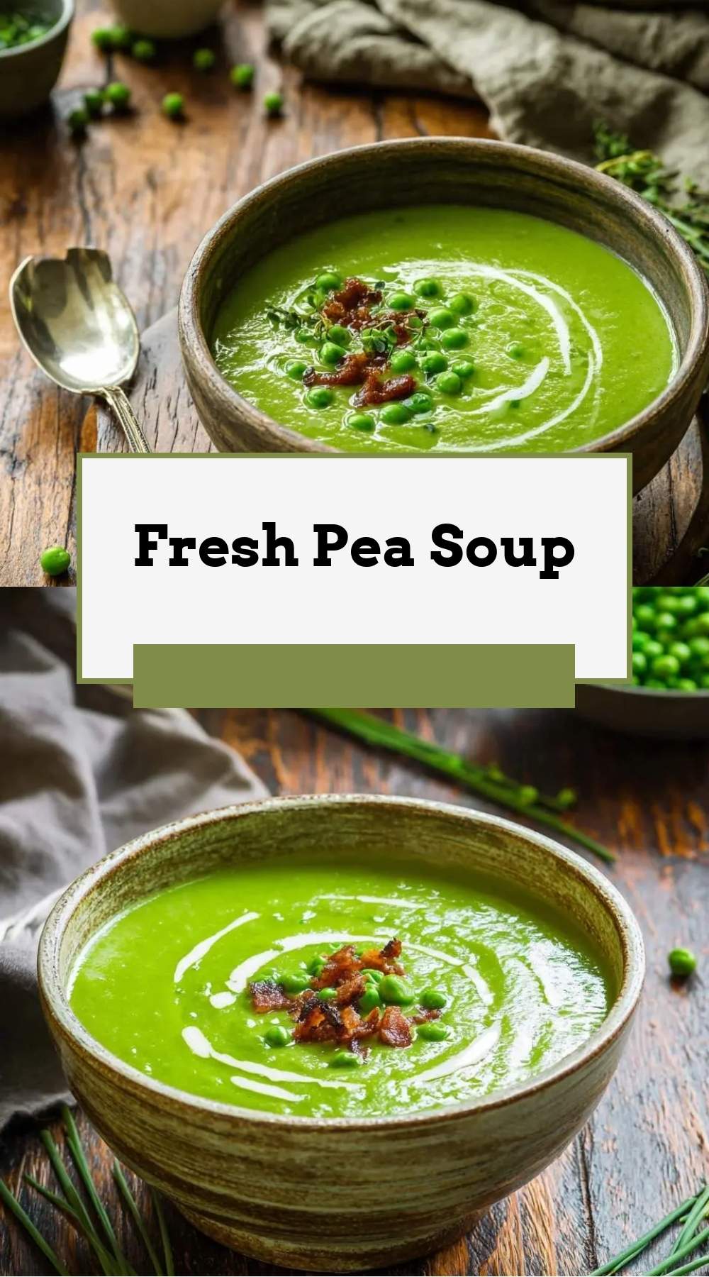 Bowl of finished fresh pea soup garnished with mint and cream ready to serve