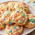 A plate of colorful Fruity Pebbles cookies stacked together, featuring vibrant cereal pieces throughout each cookie.