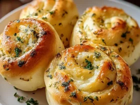 garlic rolls 53 Four golden-brown garlic rolls topped with fresh herbs on a white plate with garlic bulbs in the background.