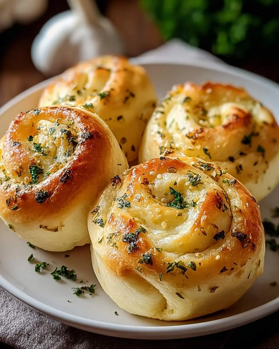 Four golden-brown garlic rolls topped with fresh herbs on a white plate with garlic bulbs in the background.