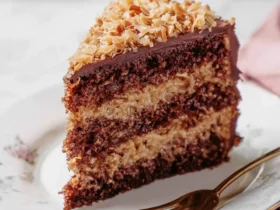 A slice of layered German Chocolate Cake with coconut pecan frosting and toasted coconut topping on a floral plate.