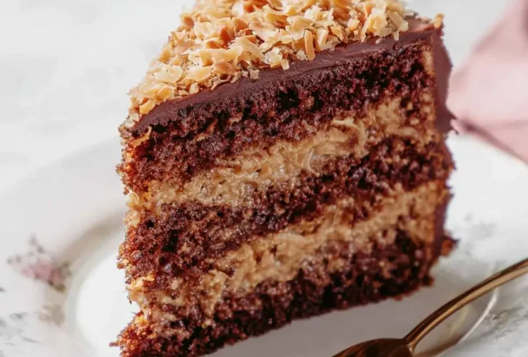 A slice of layered German Chocolate Cake with coconut pecan frosting and toasted coconut topping on a floral plate.